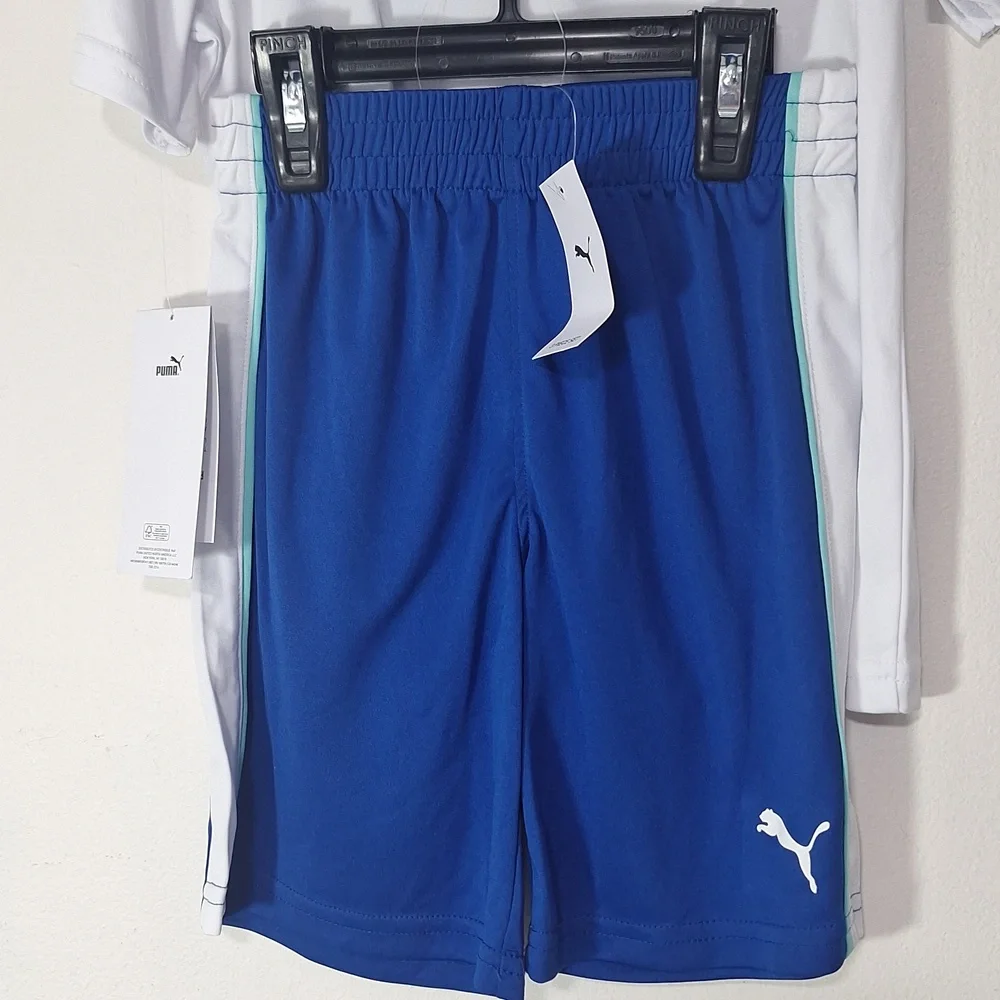 Puma Kids Tee Tank Shorts Set White and Blue Logo 3 Piece Set